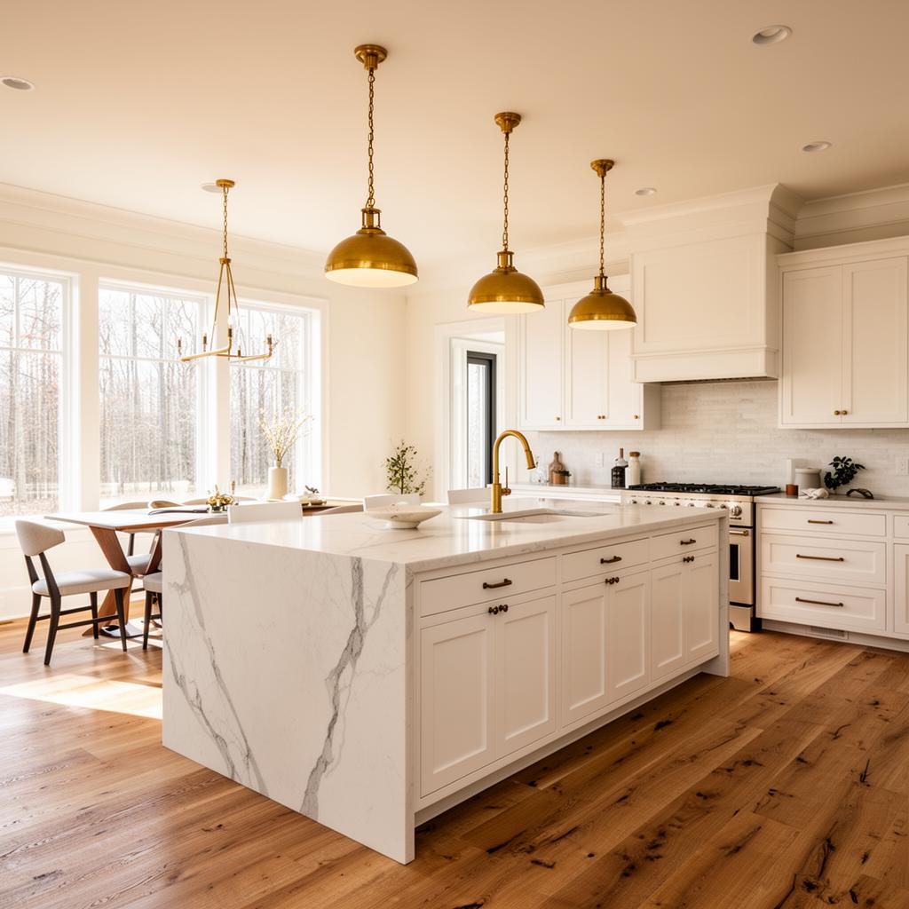 Bright custom kitchen with marble waterfall island and brass pendants