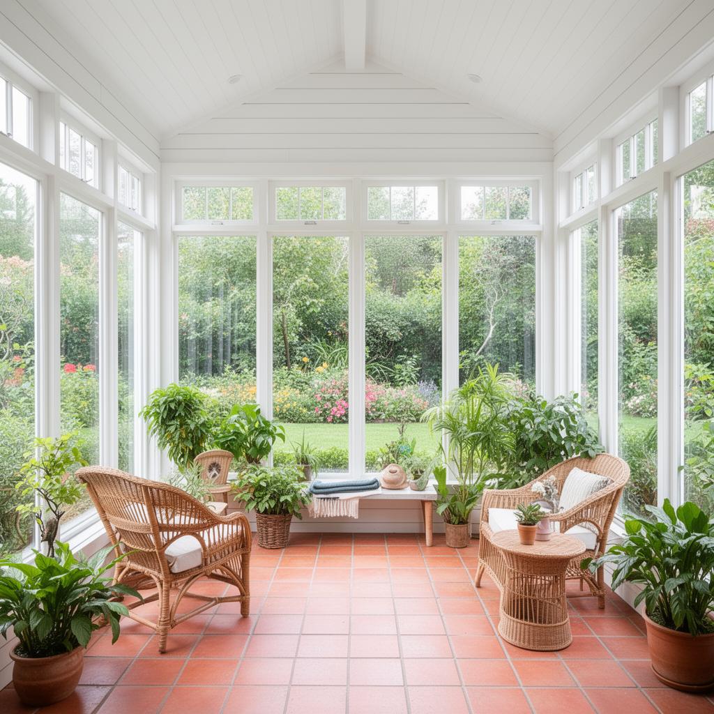 Bright garden sunroom with rattan furniture