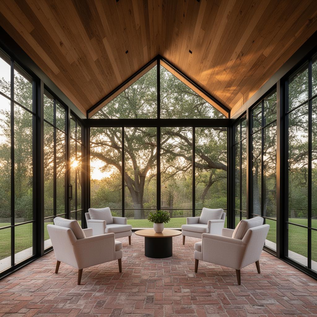 Modern sunroom with steel windows and wood ceiling